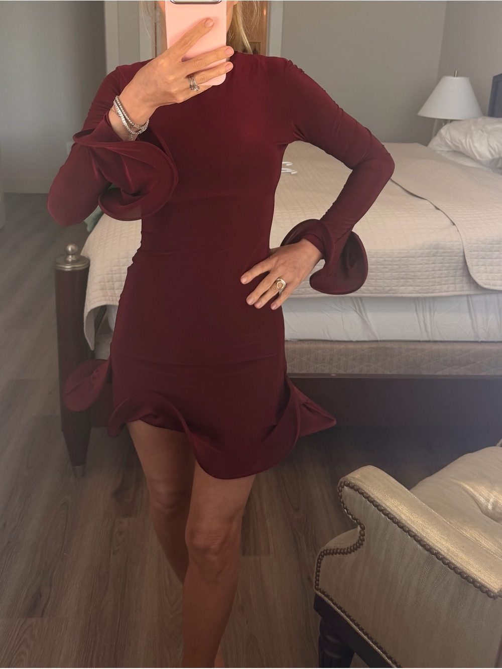 Burgundy Long-Sleeve Ruffle-Hem Mini Dress